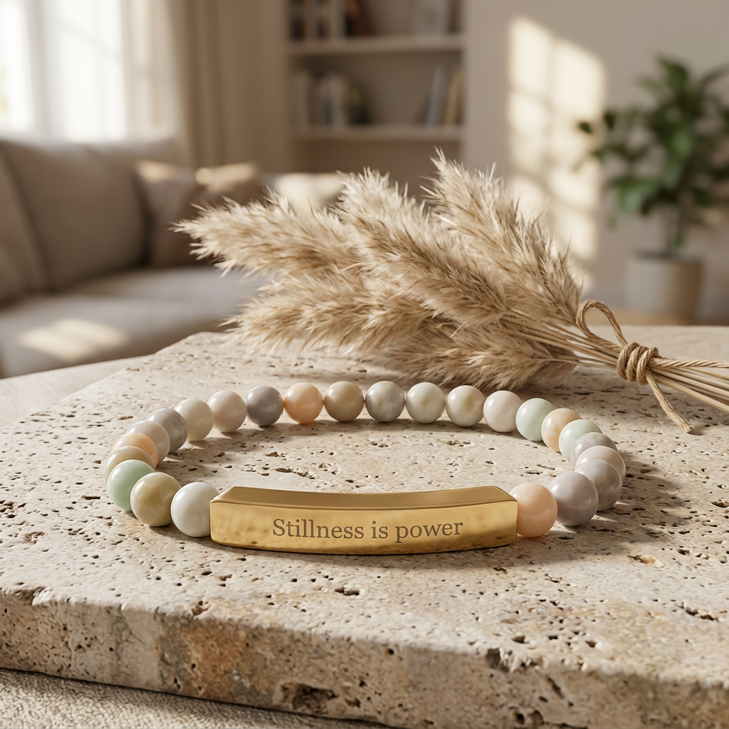 Natural Stone Beaded Bracelet with Bar — Message Stretch Bracelet